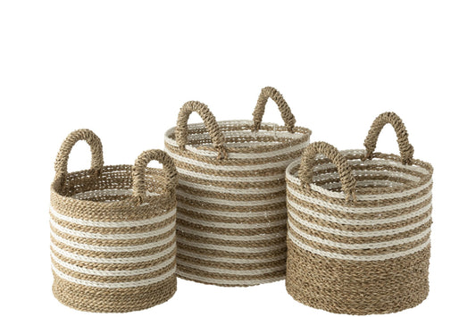 Set van 3 manden gestreept raffia wit/naturel