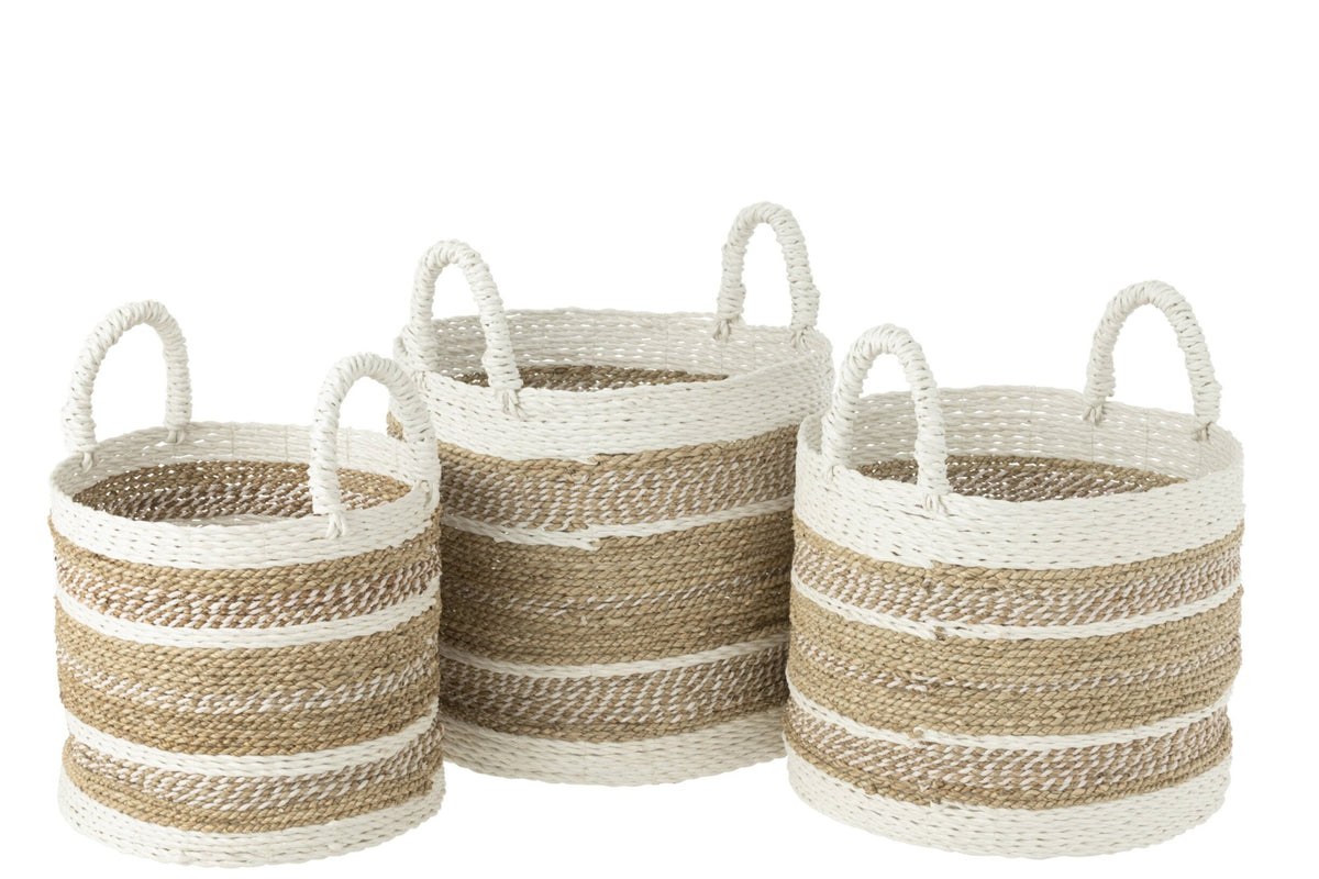 Set of 3 Caro raffia baskets white/natural