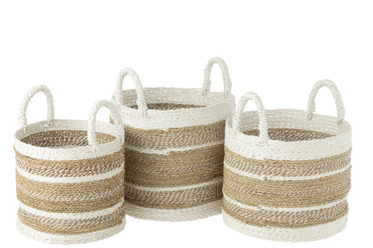 Set of 3 Caro raffia baskets white/natural