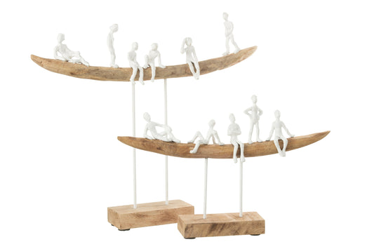 People On Bench Wood Metal White Natural Large