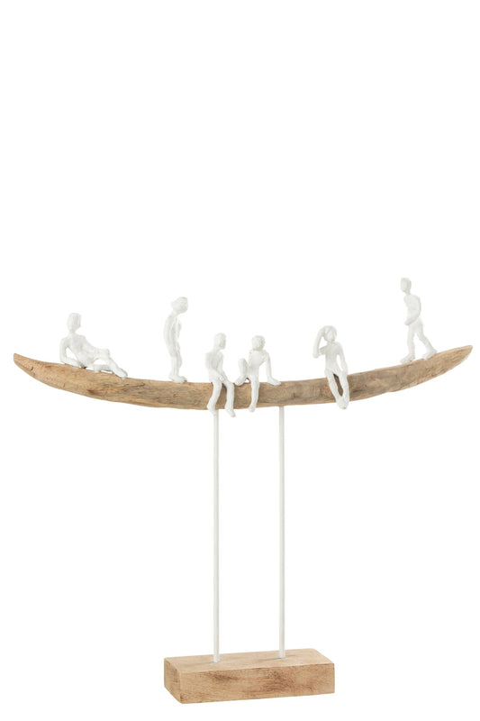 People On Bench Wood Metal White Natural Large