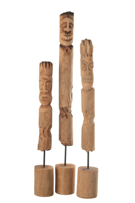 Set Of 3 Figures On Stand Totem Wood Natural