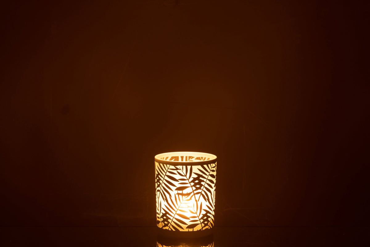 Windlicht Bladeren Glas Wit Medium