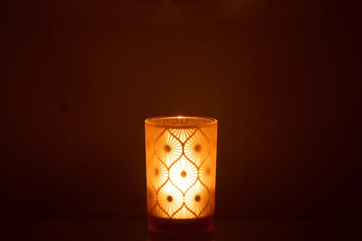 Windlicht Ruit Bloemen Glas Geel Large