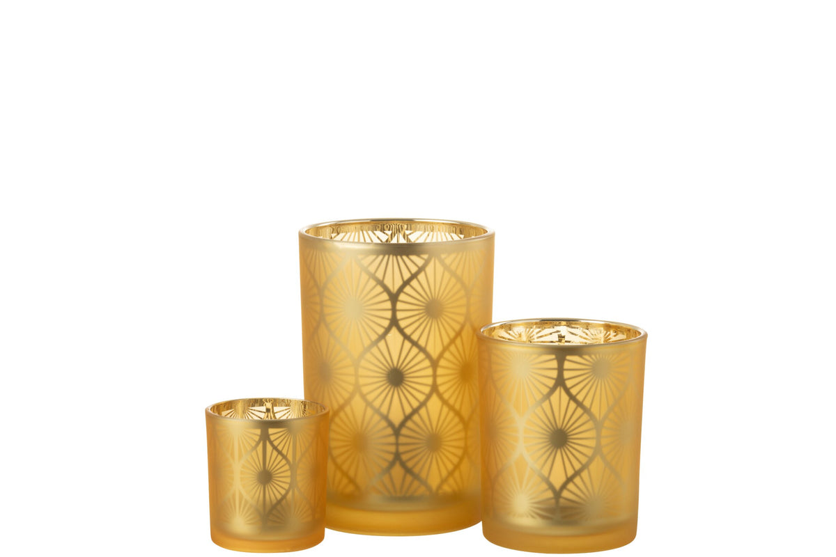 Windlicht Ruit Bloemen Glas Geel Large