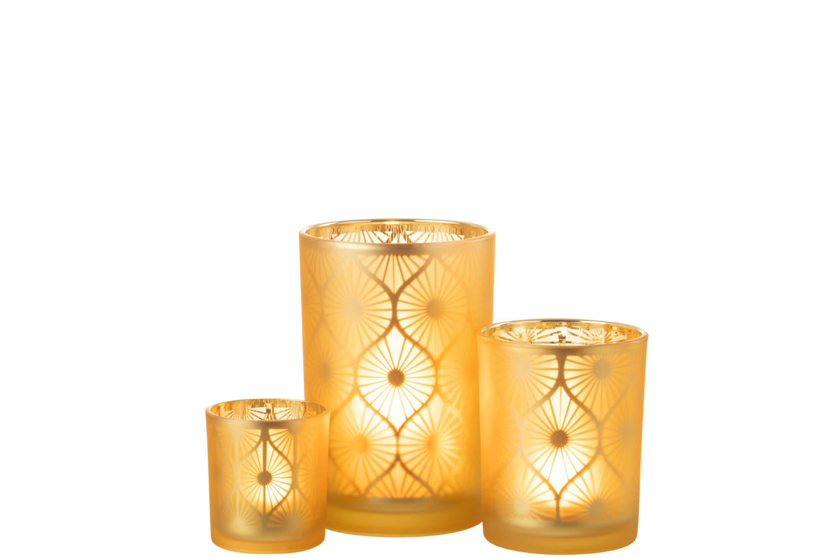 Windlicht Ruit Bloemen Glas Geel Large