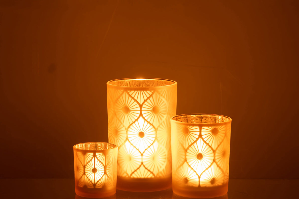 Windlicht Ruit Bloemen Glas Geel Large