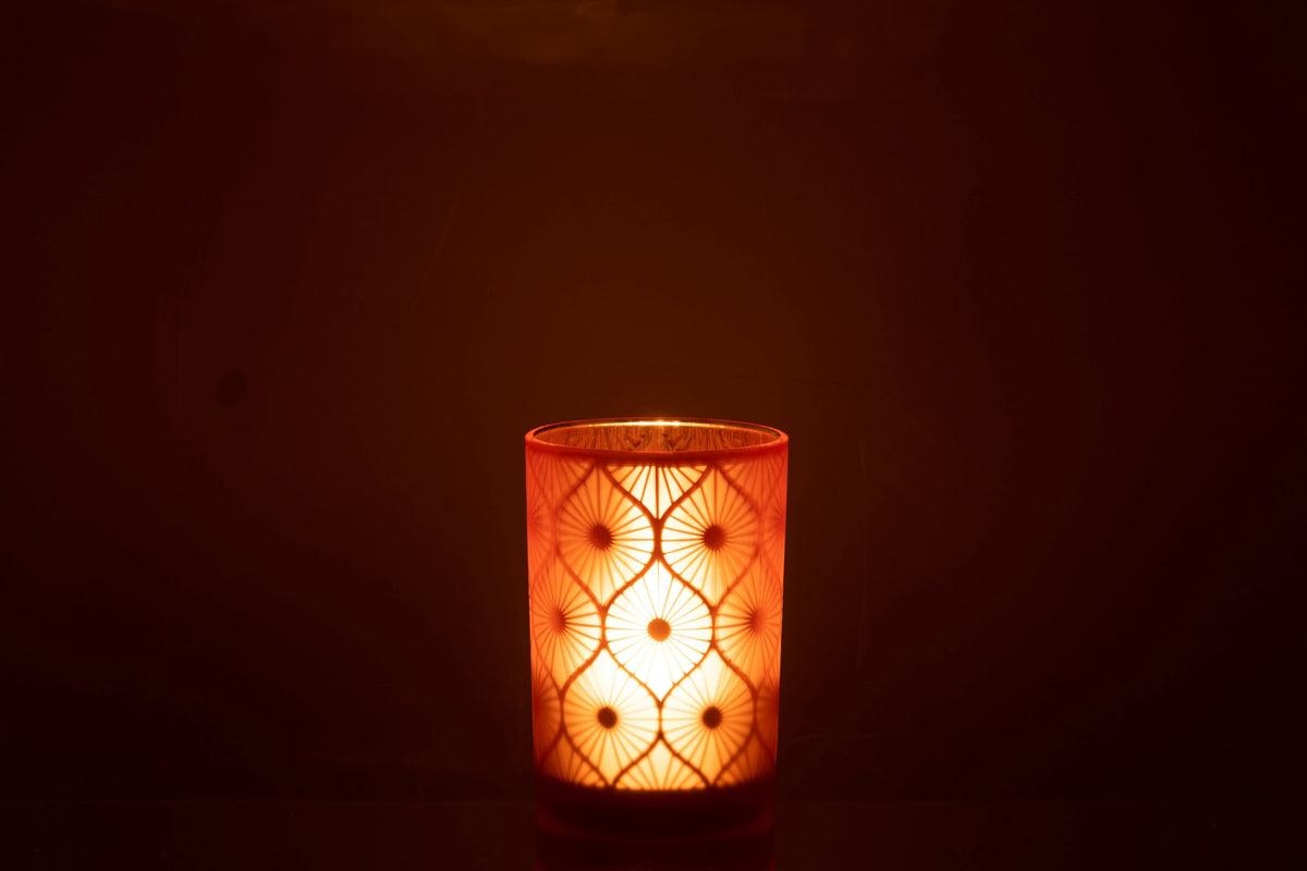 Windlicht Ruit Bloemen Glas Oranje Large