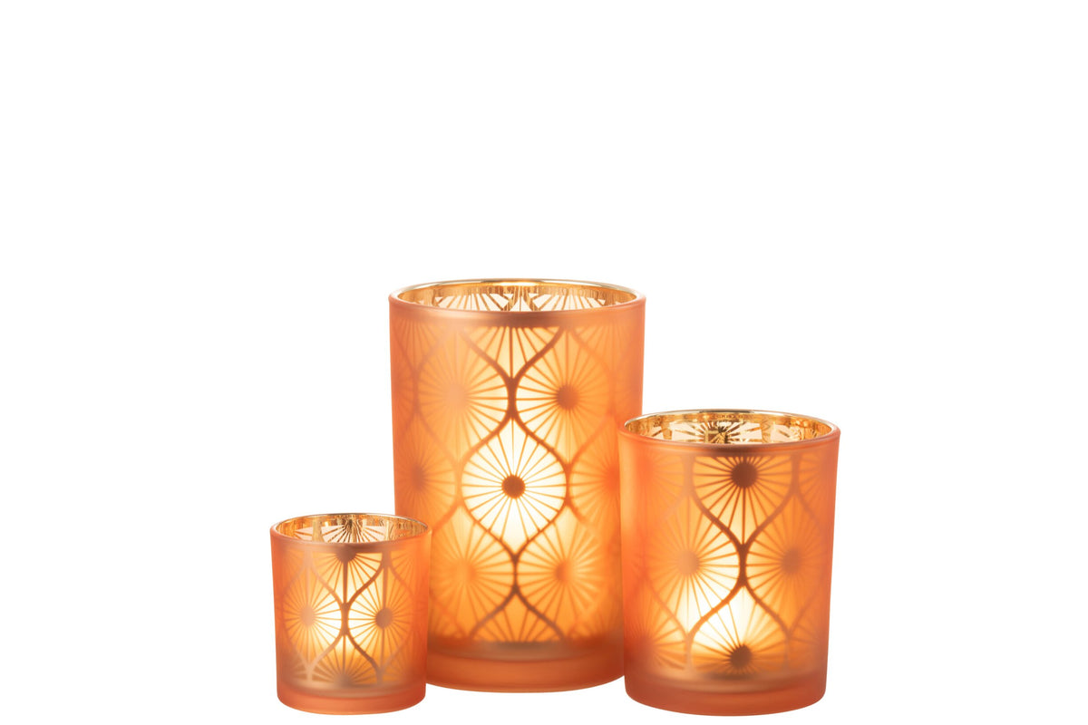 Windlicht Ruit Bloemen Glas Oranje Large