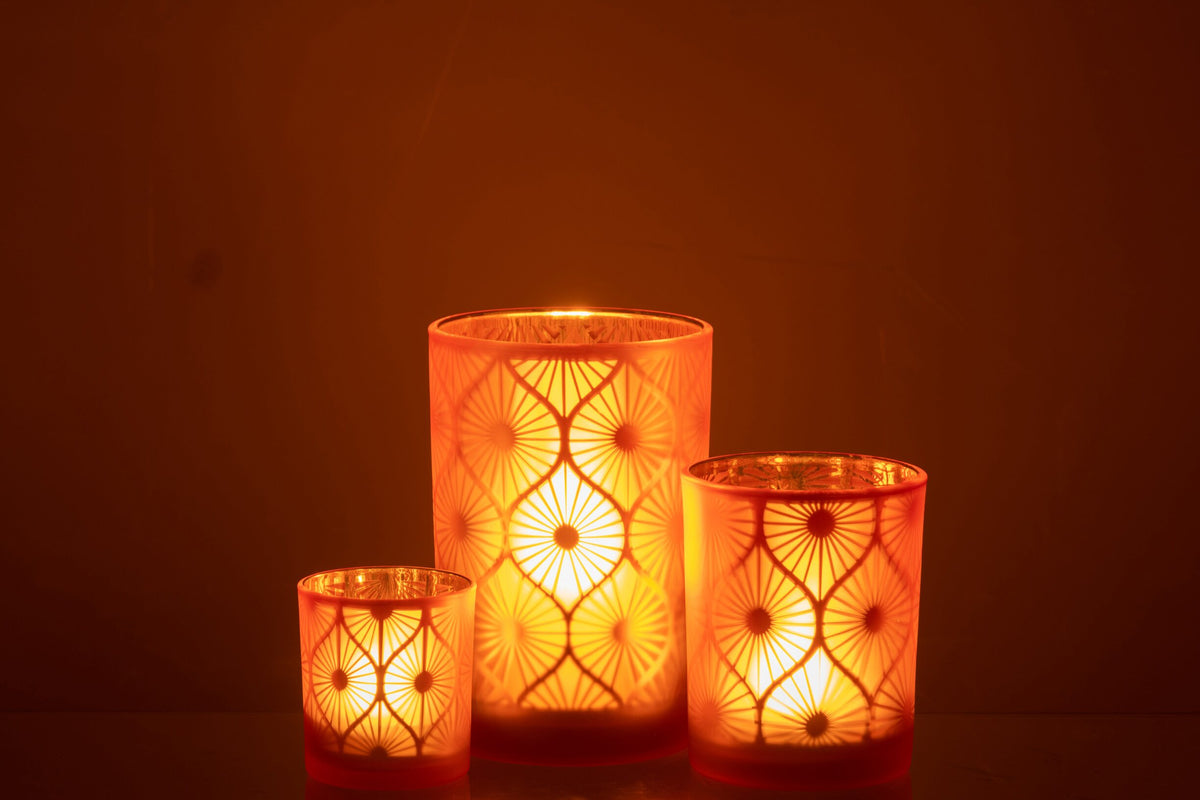 Windlicht Ruit Bloemen Glas Oranje Large