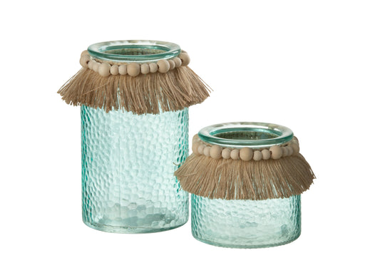 Windlicht Kralen Decoratie Glas Blauw Large