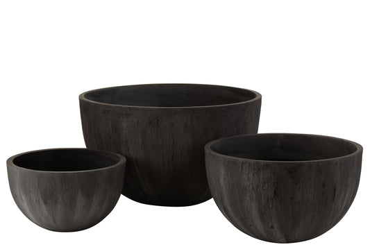 Set Of 3 Flowerpots Round Ceramic Low Black
