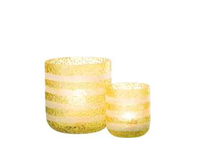 Windlicht Strepen Glas Geel/Wit Large