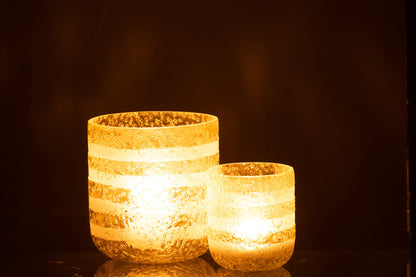 Windlicht Strepen Glas Geel/Wit Large