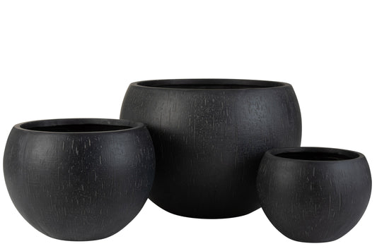 Set Of 3 Flowerpots Round Clay Black