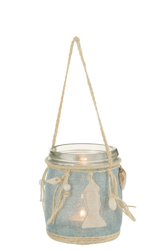 Theelicht Hanger Zee Decoratie Glas Blauw/Wit