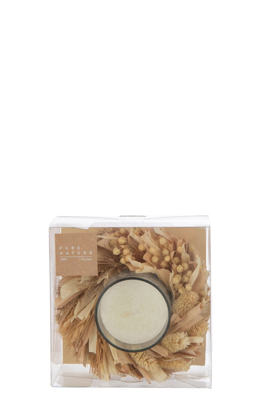 Kaars Bloemen Rond Glas Wit/Naturel 24u
