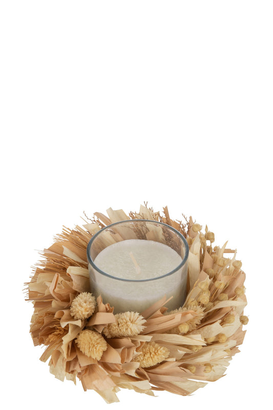 Kaars Bloemen Rond Glas Wit/Naturel 24u