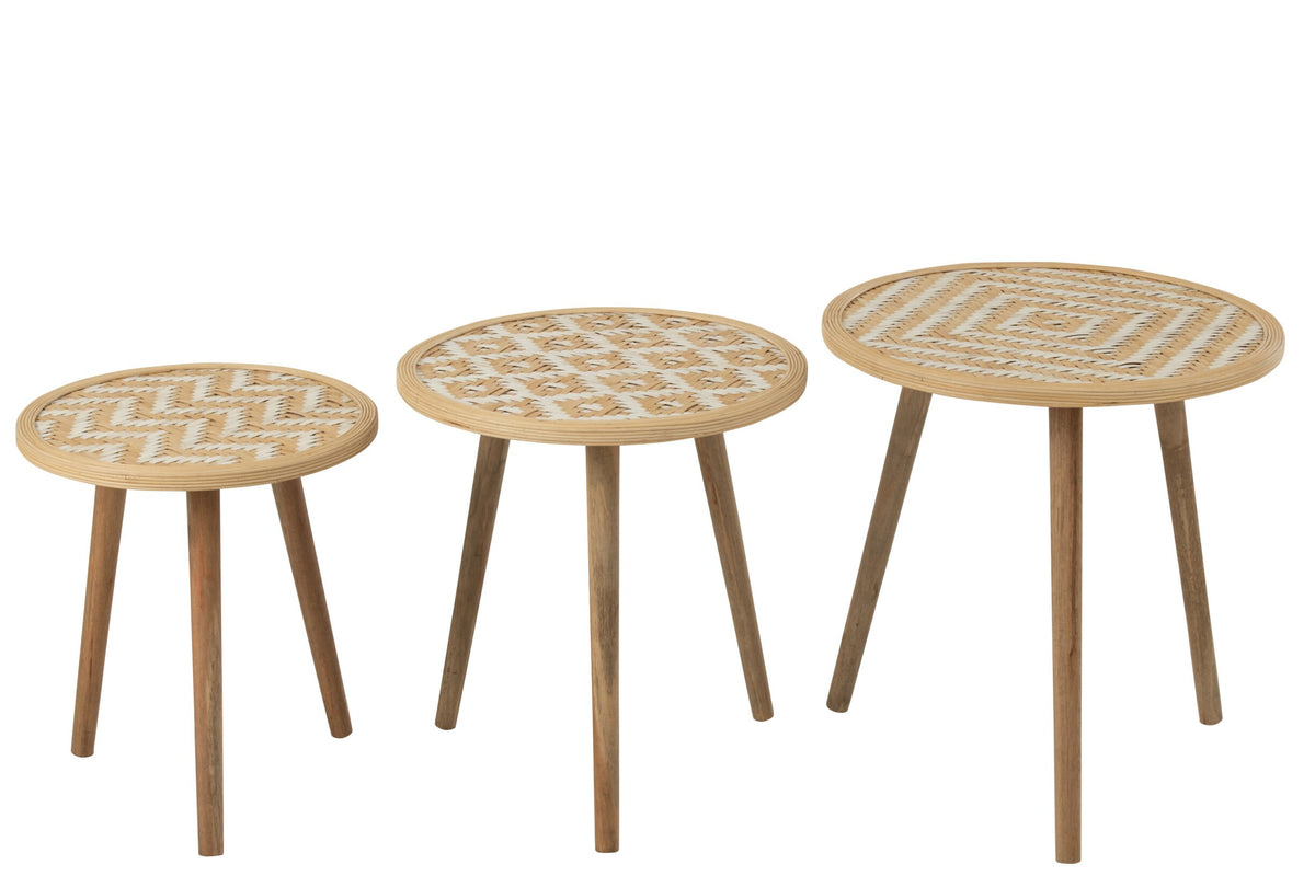 Set Of 3 Sidetable Patterns 3 Legs Bamboo/Wood Natural/White