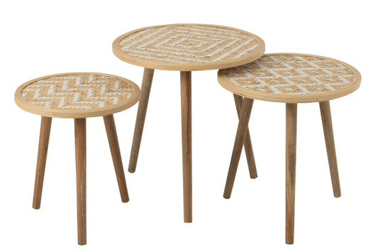 Set Of 3 Sidetable Patterns 3 Legs Bamboo/Wood Natural/White