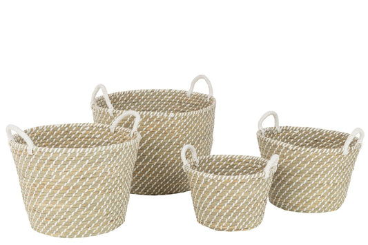 Set van 4 mand rond handvatten stro naturel/wit