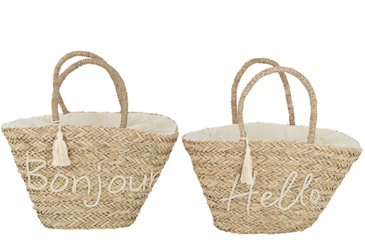 Strandtas Bonjour/hallo kwast jute naturel/wit assortiment van 2