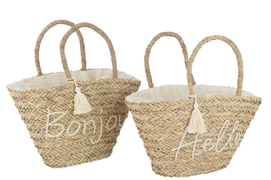 Strandtas Bonjour/hallo kwast jute naturel/wit assortiment van 2