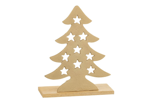 Theelichthouder Kerstboom Aluminium/Hout Naturel/Goud Large