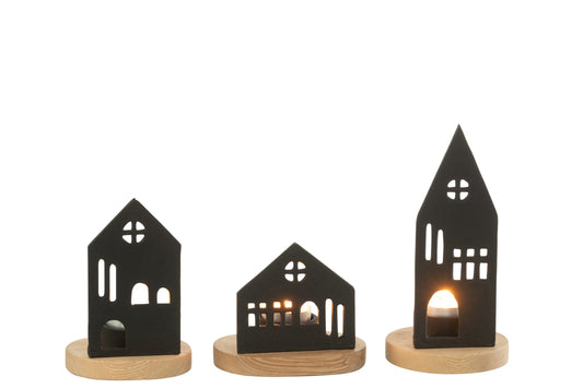 Kaarshouder Huis Aluminium/Hout Zwart/Naturel Assortiment Van Drie