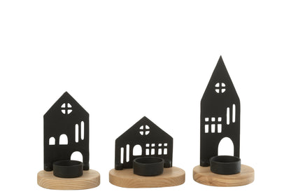 Kaarshouder Huis Aluminium/Hout Zwart/Naturel Assortiment Van Drie