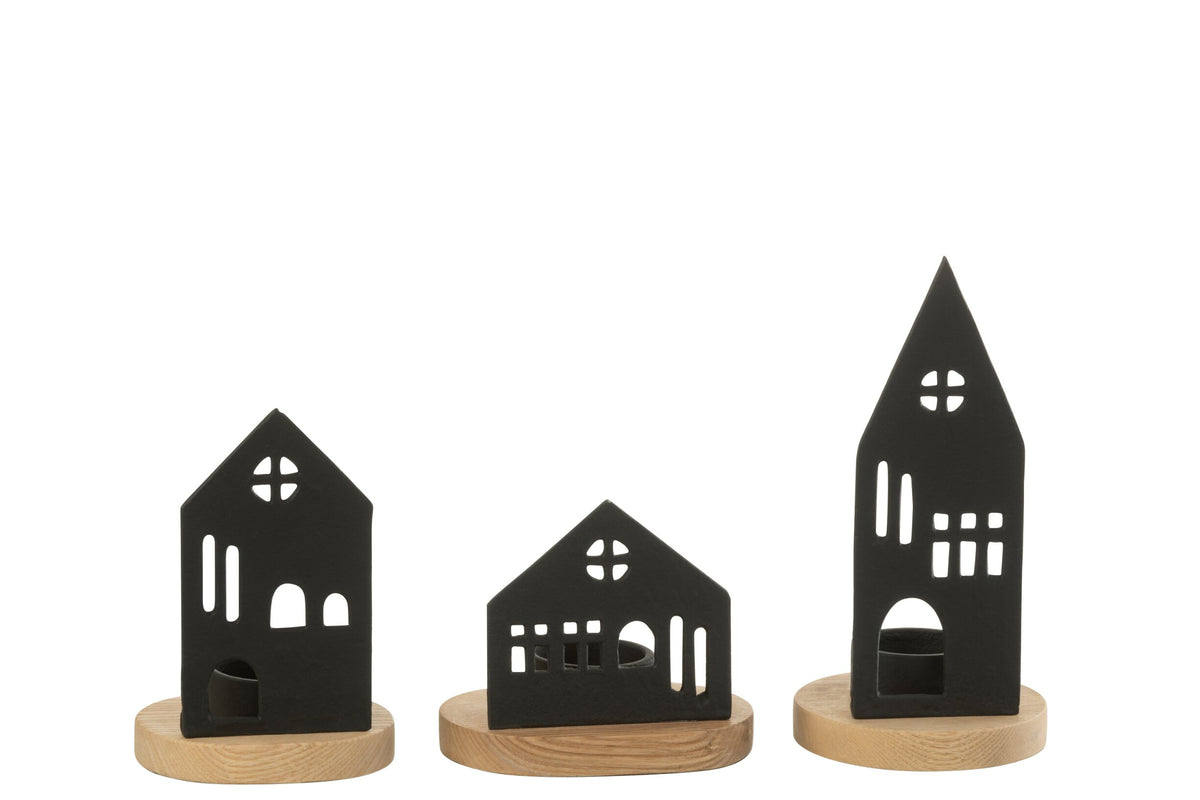 Kaarshouder Huis Aluminium/Hout Zwart/Naturel Assortiment Van Drie