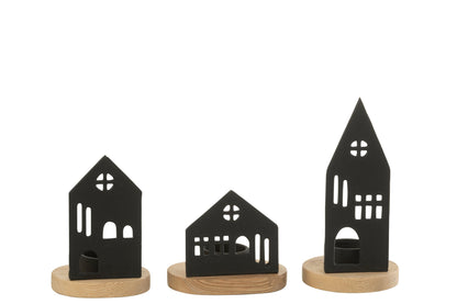 Kaarshouder Huis Aluminium/Hout Zwart/Naturel Assortiment Van Drie