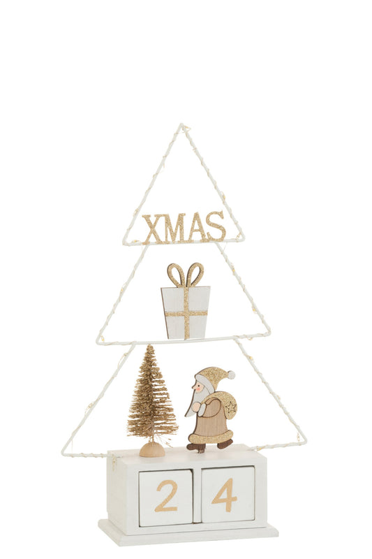 Christmas Tree Calender+Led Wood White/Gold