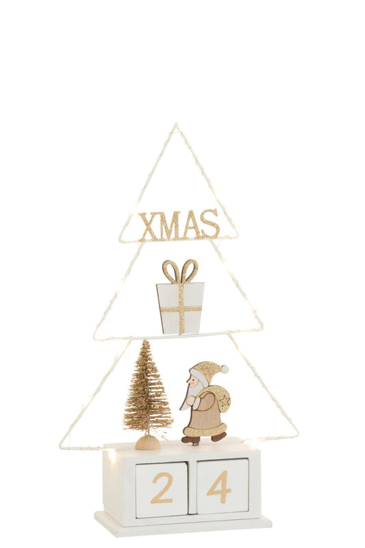 Christmas Tree Calender+Led Wood White/Gold