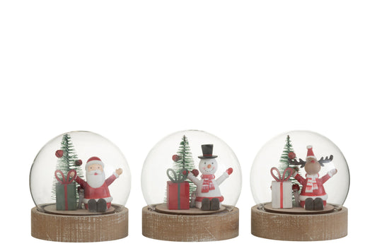 Bell Jar Santa/Reindeer/Snowman+Led Wood/Glass Mix Assortment Of 3