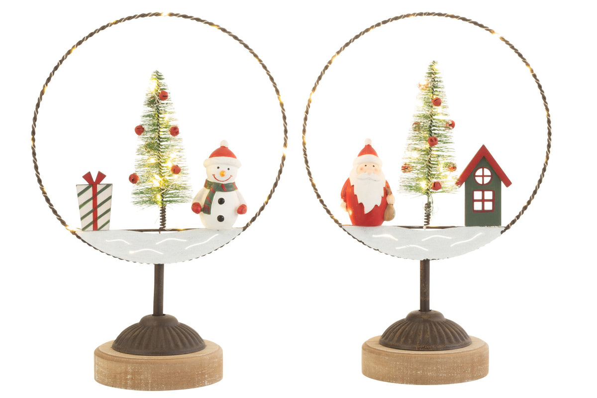 Circle On Foot+Led Santa/Snowman Wood/Metal Mix Assortment Of 2