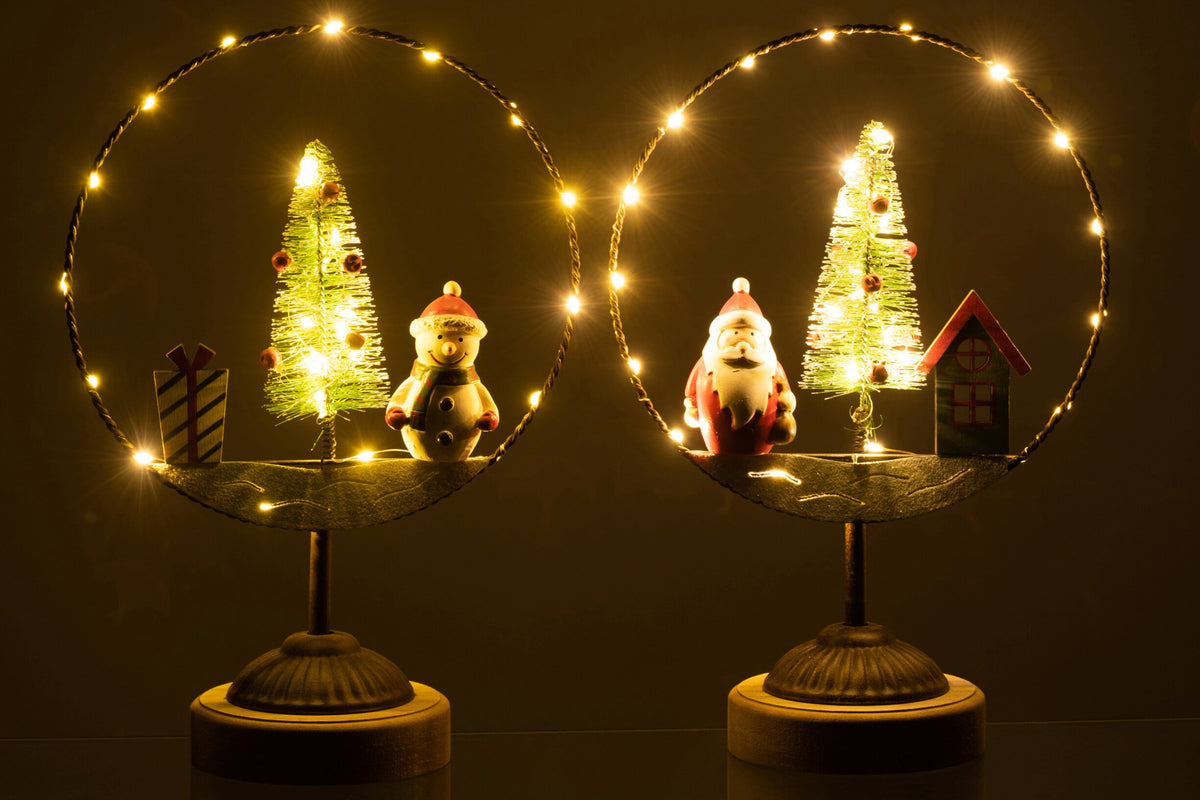 Circle On Foot+Led Santa/Snowman Wood/Metal Mix Assortment Of 2
