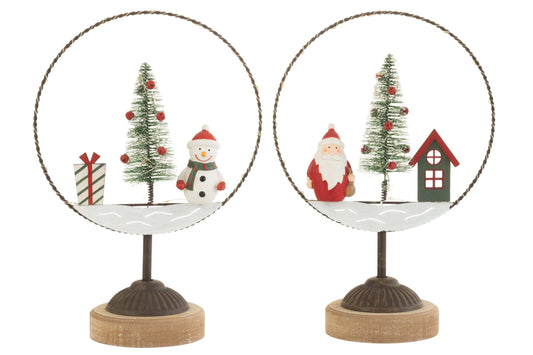 Circle On Foot+Led Santa/Snowman Wood/Metal Mix Assortment Of 2