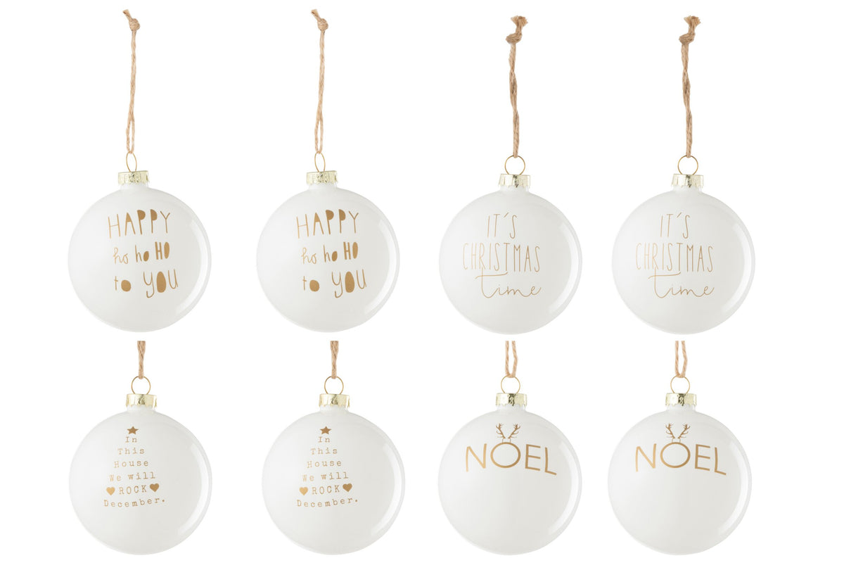 Box Of 8 Christmas Bauble 2+2+2+2 Text Christmas Glass White/Gold
