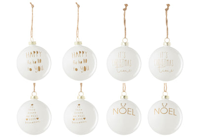 Box Of 8 Christmas Bauble 2+2+2+2 Text Christmas Glass White/Gold