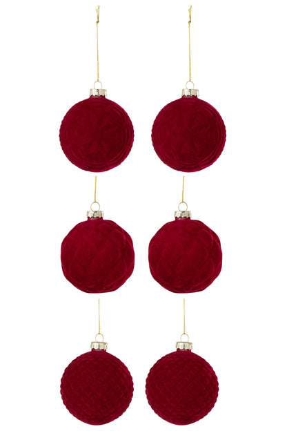Box Of 6 Christmas Bauble 2+2+2 Velvet Red Small
