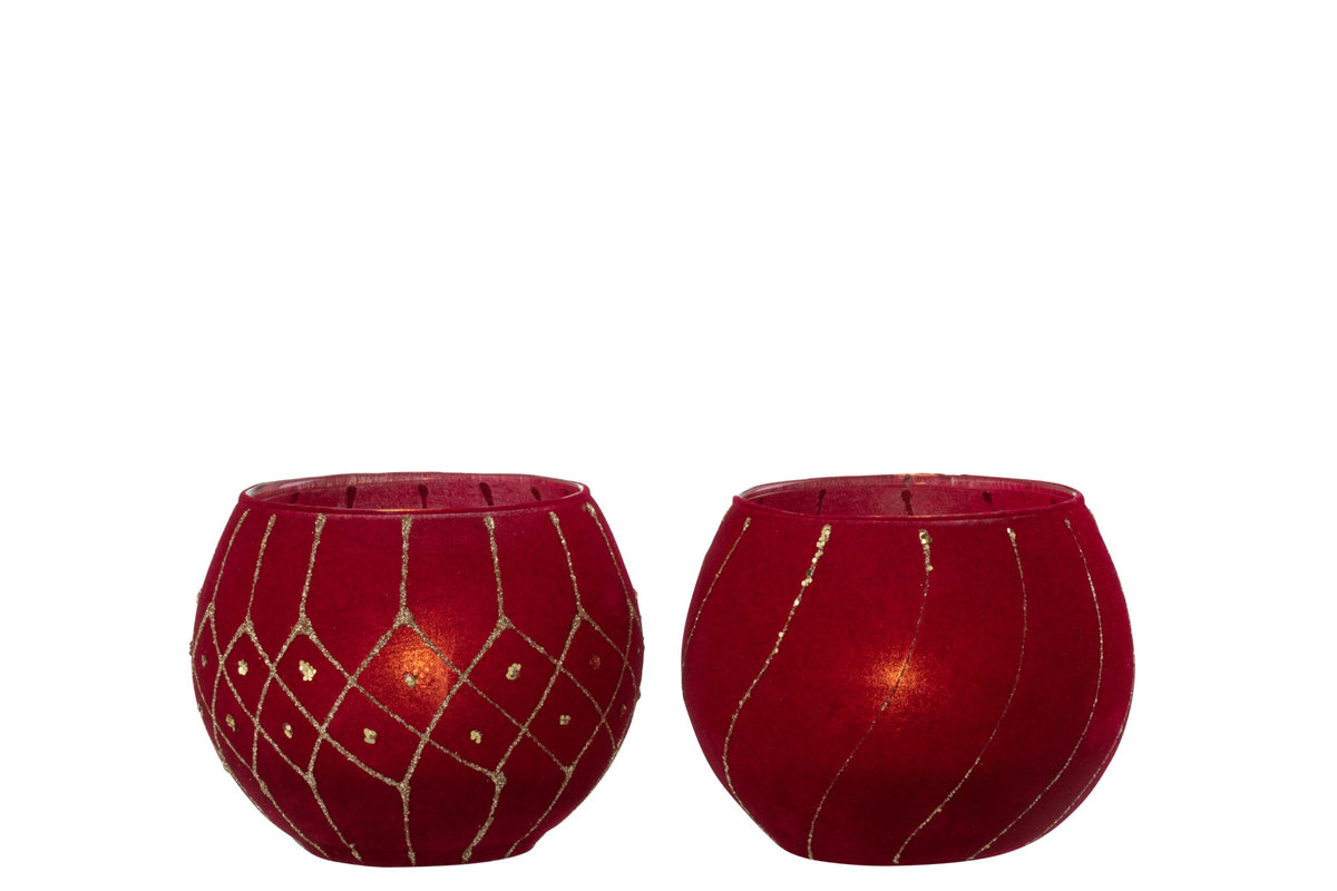 Windlicht Lijnen/Geruit Fluweel Rood/Goud Assortiment Van 2
