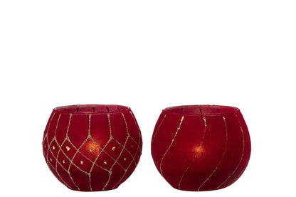 Windlicht Lijnen/Geruit Fluweel Rood/Goud Assortiment Van 2