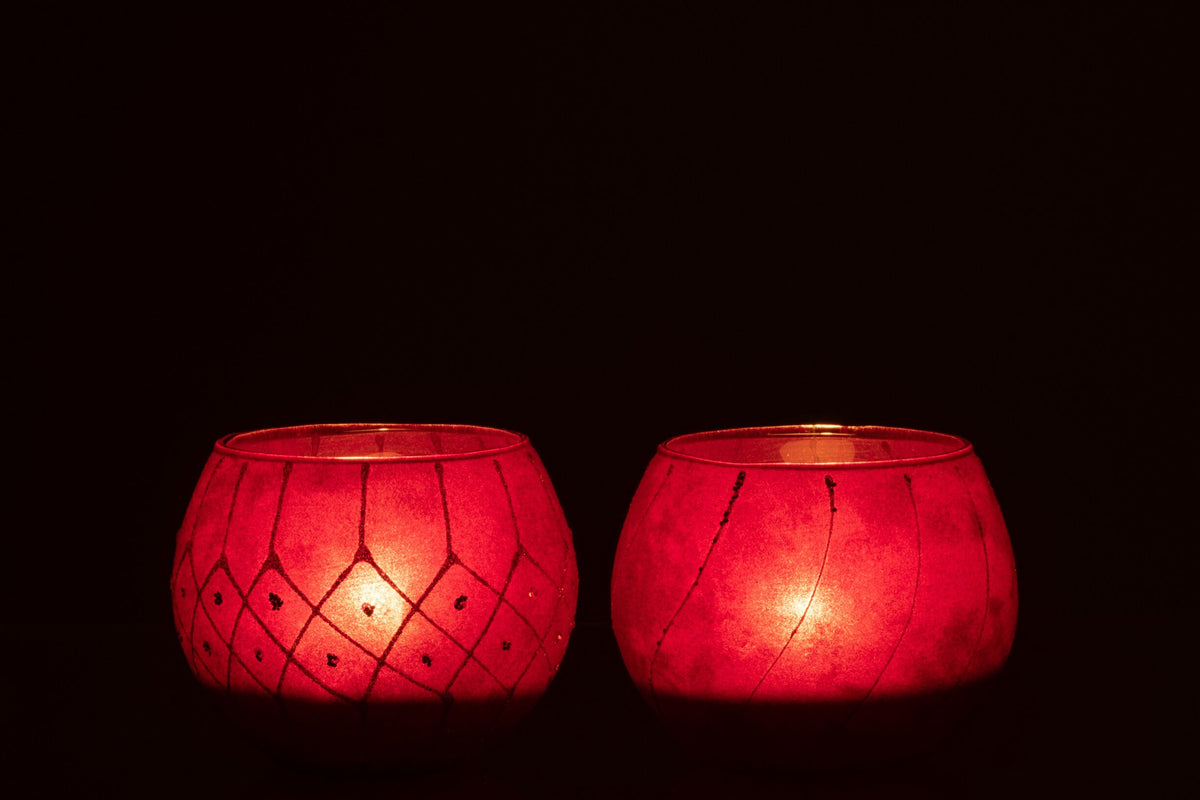 Windlicht Lijnen/Geruit Fluweel Rood/Goud Assortiment Van 2