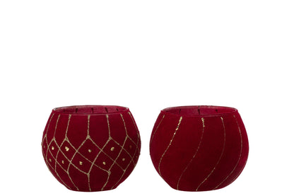 Windlicht Lijnen/Geruit Fluweel Rood/Goud Assortiment Van 2