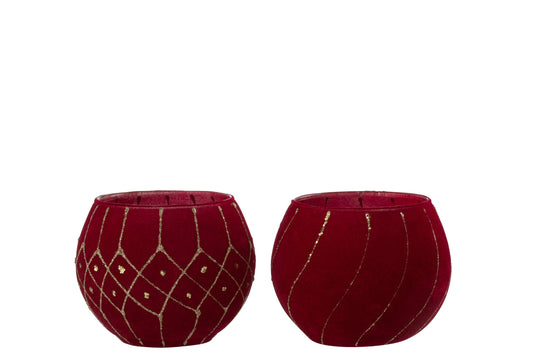 Windlicht Lijnen/Geruit Fluweel Rood/Goud Assortiment Van 2
