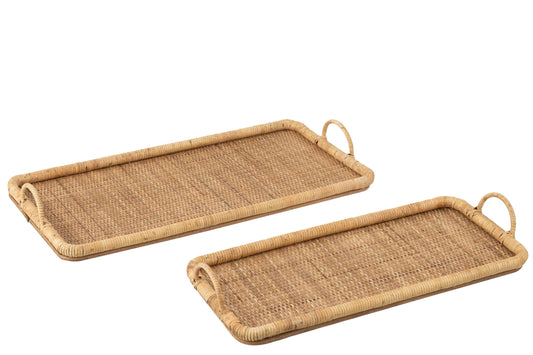 Set van 2 dienblad rechthoekig rotan/metaal naturel