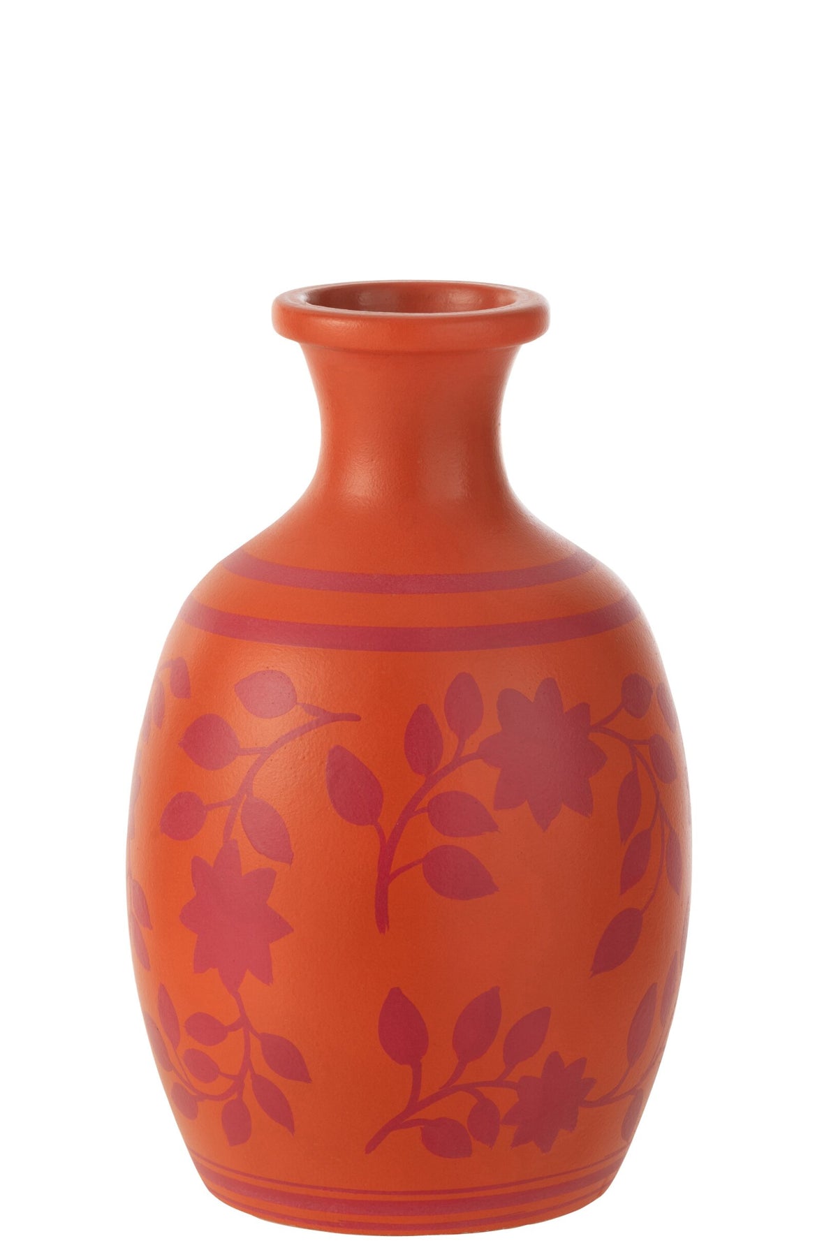Vase Leaves/Flowers+Lines Terracotta Orange/Pink