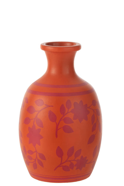 Vase Leaves/Flowers+Lines Terracotta Orange/Pink
