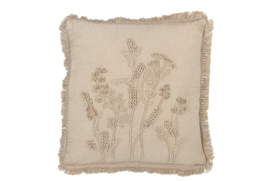 Cushion Embroidery Flowers+Fringes Cotton Greige